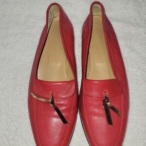 2000s Vintage J Crew Red Leather Flats With Velvet Accent Bow Size 7 1/2